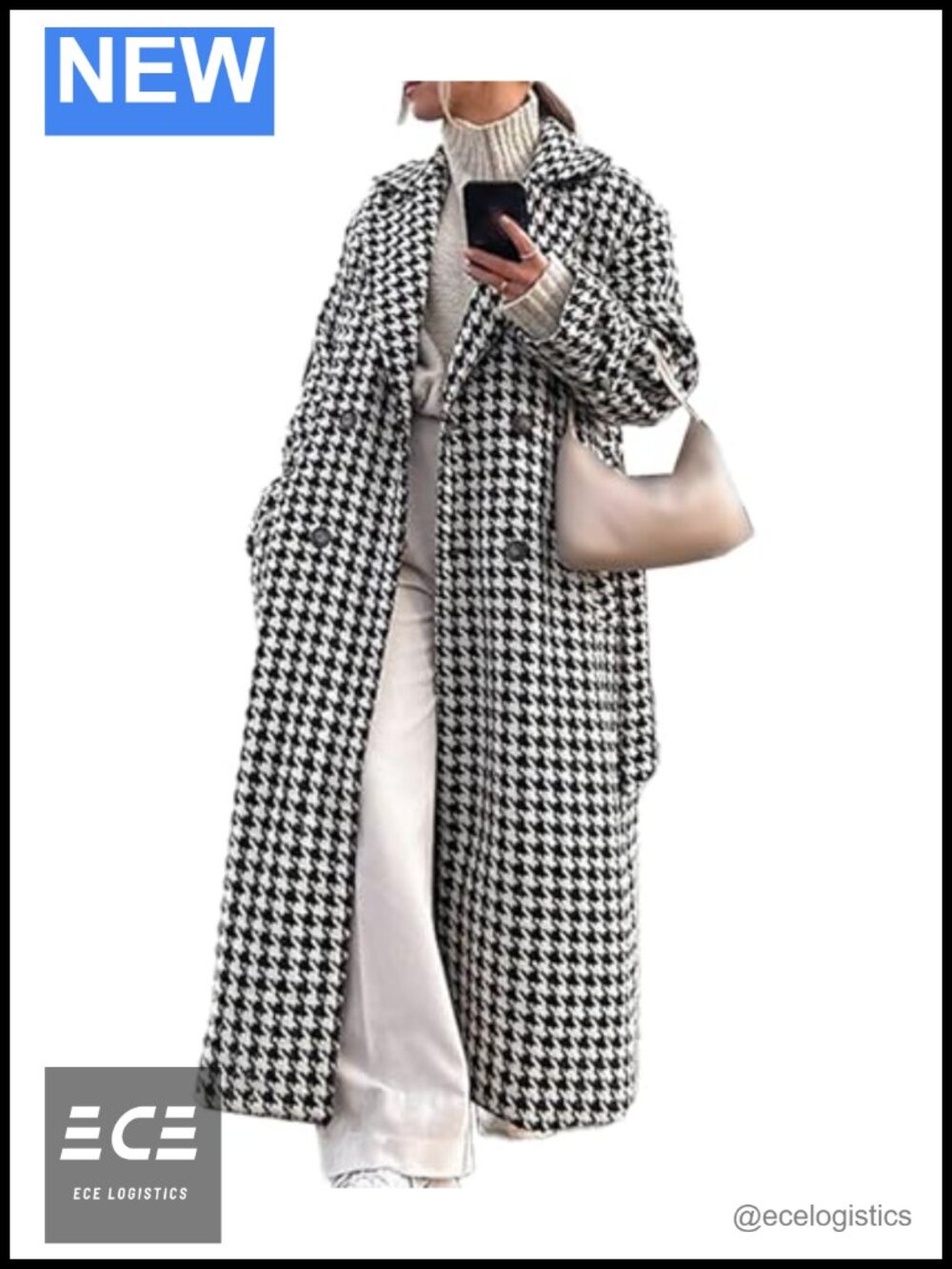 Women's Houndstooth Double Breasted Wool Blend Trench Pea Coat with Belt